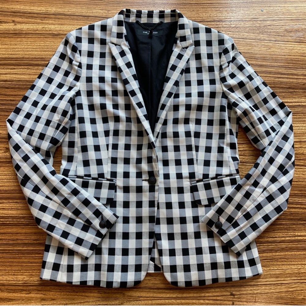 Rag & Bone Plaid Gingham Blazer Black White Size 0
